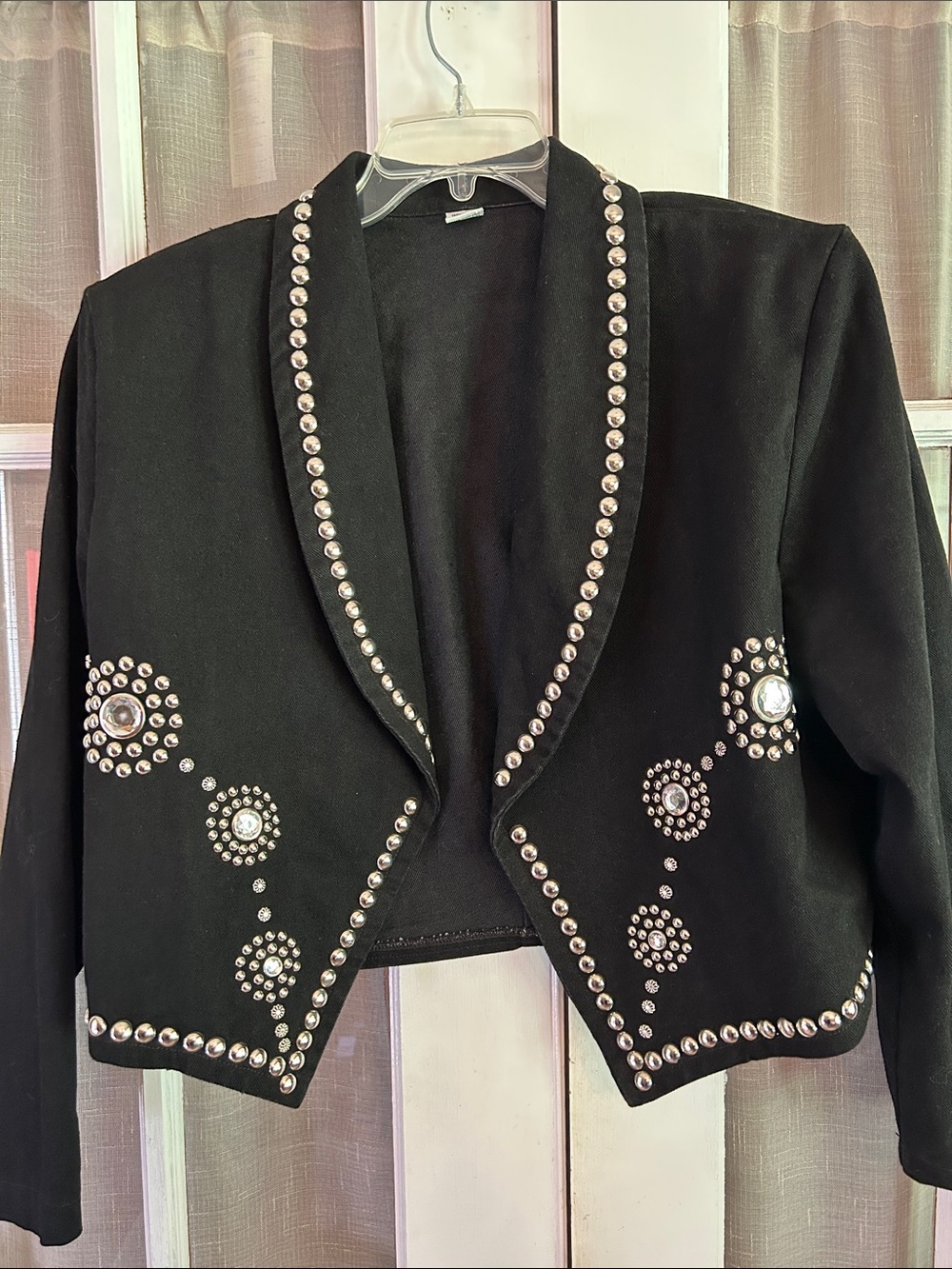 VTG Black Denim Silver Studded Cropped Bolero Jacket Heavy Cotton Western USA L